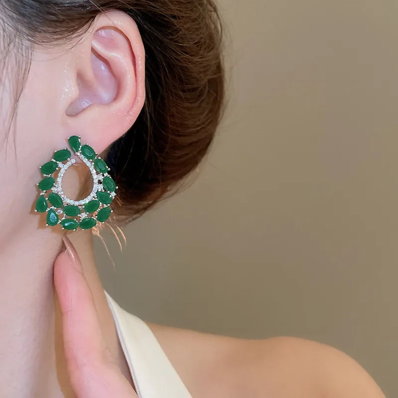 Minar Unusual Green Color CZ Cubic Zirconia Hollow Water Drop Pendant Earrings Silver Plated Copper Jewelry 250422