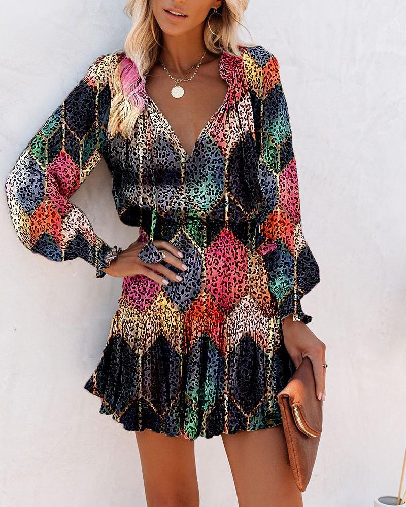 2023 Spring/Summer Long Sleeve V-neck Fashion Printed Waist Dress for Women