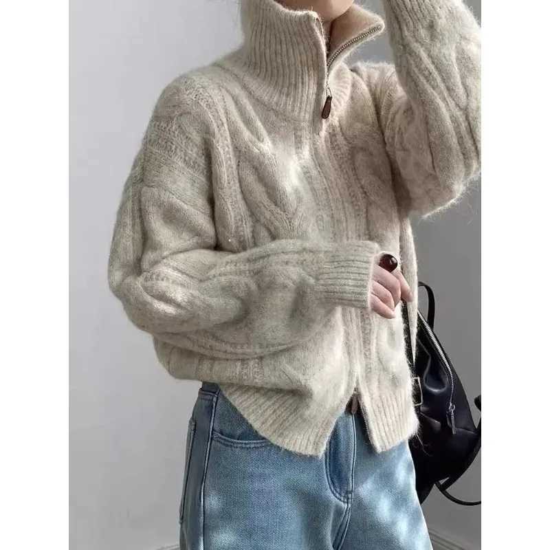 Korean Double Zipper Solid Color Fried Dough Twists Turtleneck Women Retro Sweater Autumn Winter New Casual Knitted Cardigan 10T251125