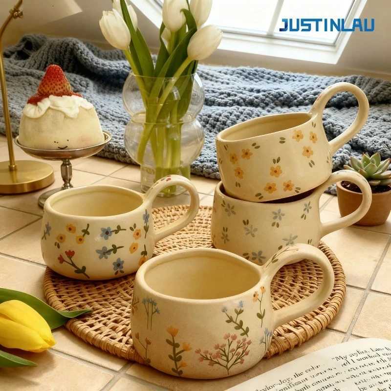 JUSTINLAU Hand Pinched Ceramic Mugs Korean Style Irregular Flower Pattern Coffee Cup Breakfast Milk Oat Water Cup Gift for Girl Y251125