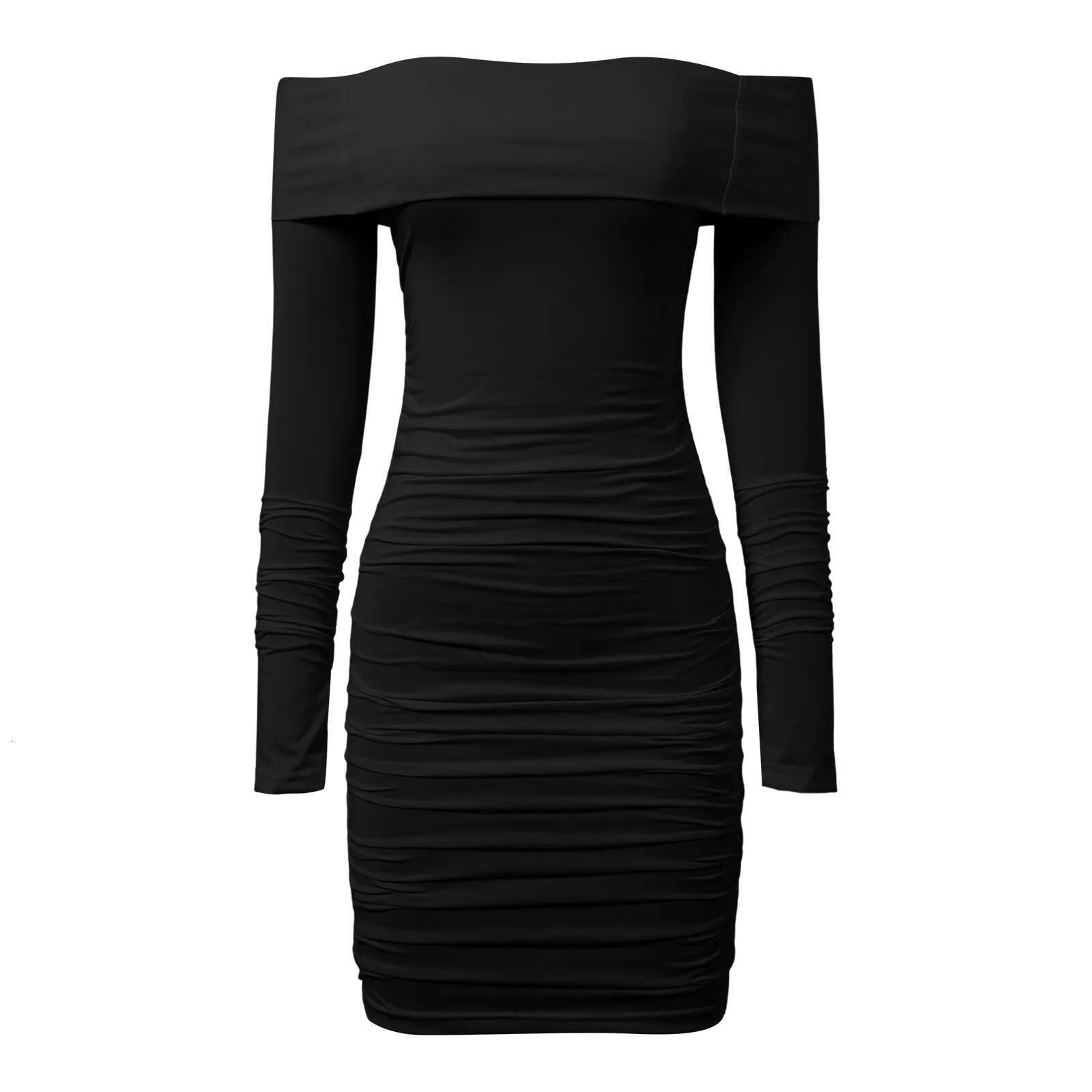 Dongdumaoyi Temperament Black Dress Female Solid Color Slash Neck Off Shoulder Tight Fitting Long Sleeved Package Hip Midi Clubwear