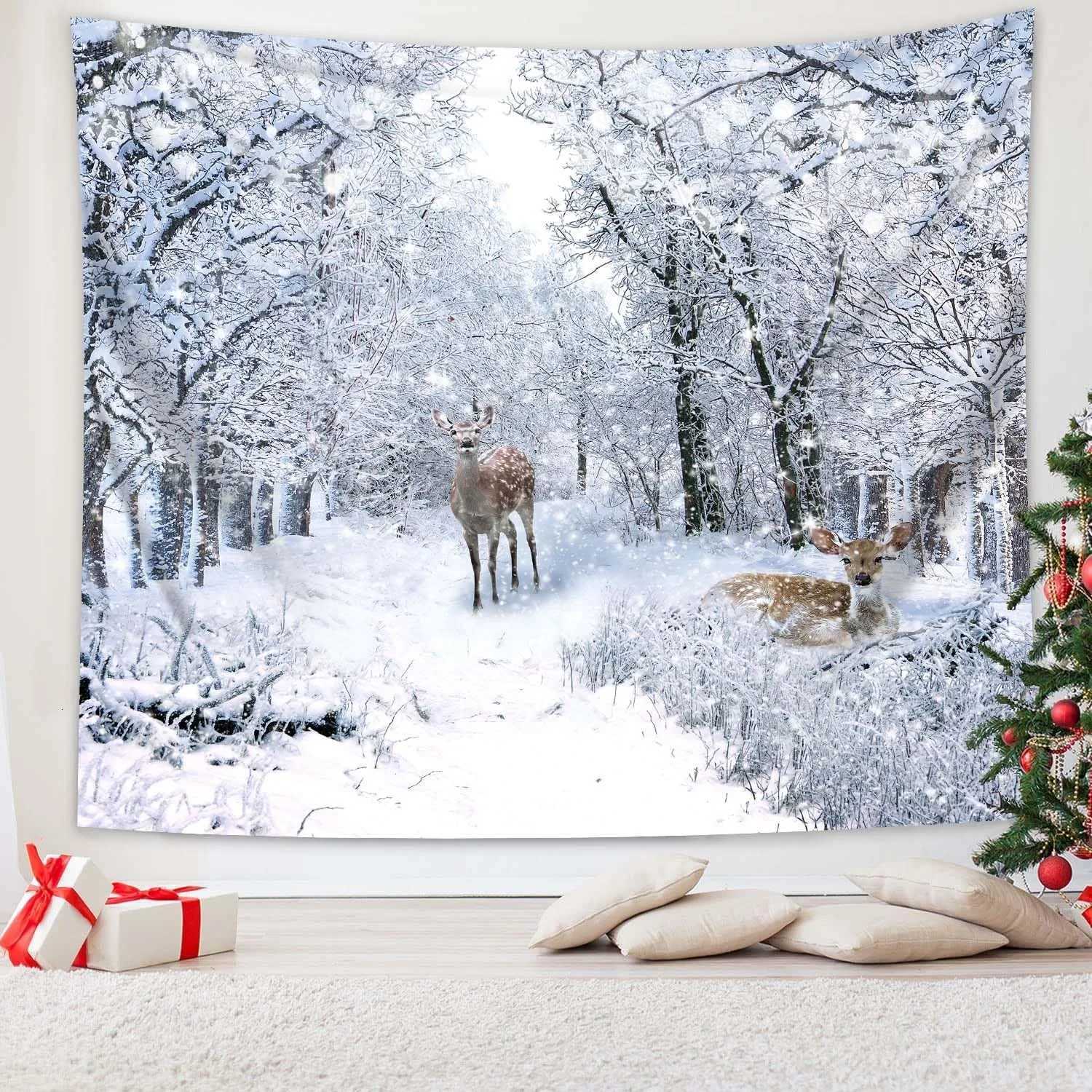 Winter Snow Scenery Forest Christmas Decoration Print Tapestry Christmas Party Decoration Banner Home Studio Wall Mounted DecoraM251125