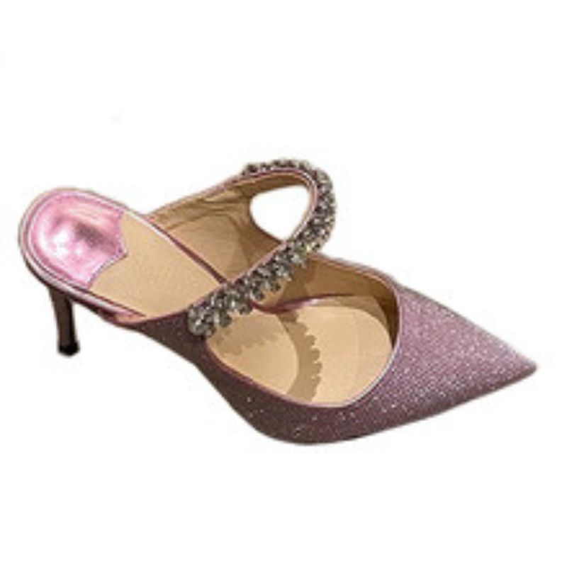 Women's Glitter Pink Pointed Toe Mule High Heels, Rhinestone Strap Elegant Evening Party Dress Shoes---168-1
