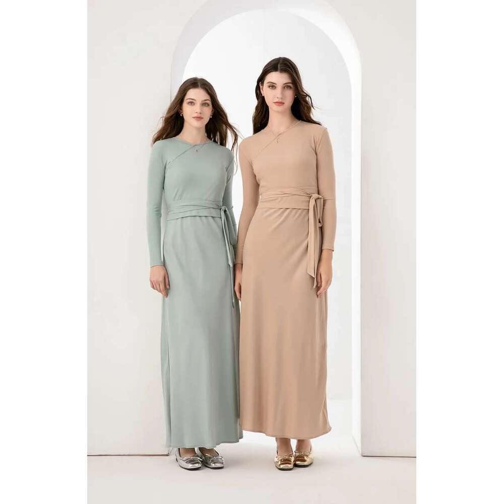 AS 2024 Woman Clothing High Stretch Ribbing Closed-Fit Wrap Tops + Matte Satin Dress Maxi Matching Sets (Ship Out In 1 Day)