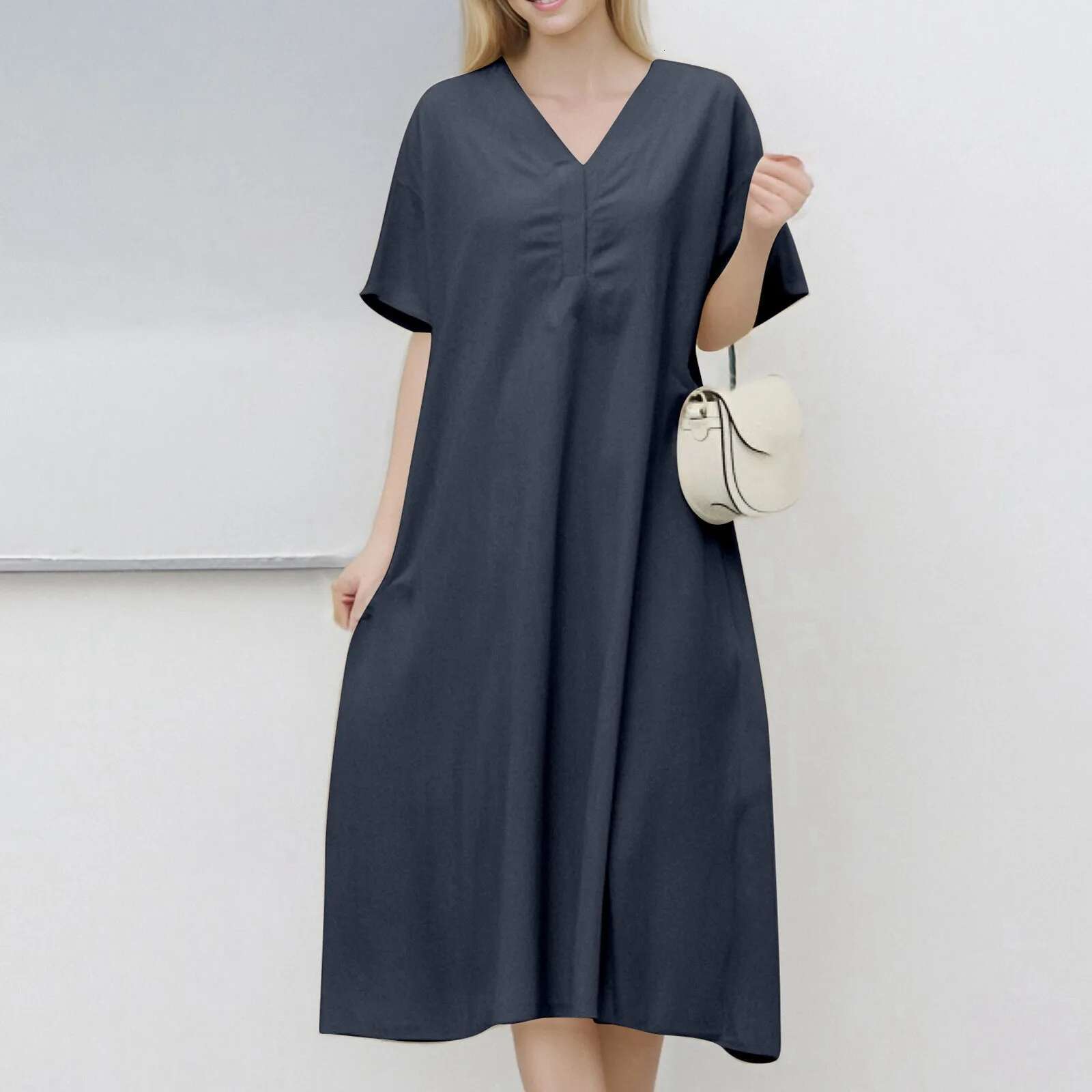 Dongdumaoyi Ladies Short Sleeved Loose Long Dress V Neck Large Swing Casual Plain Women S Solid Breathable Oversize Sundresses