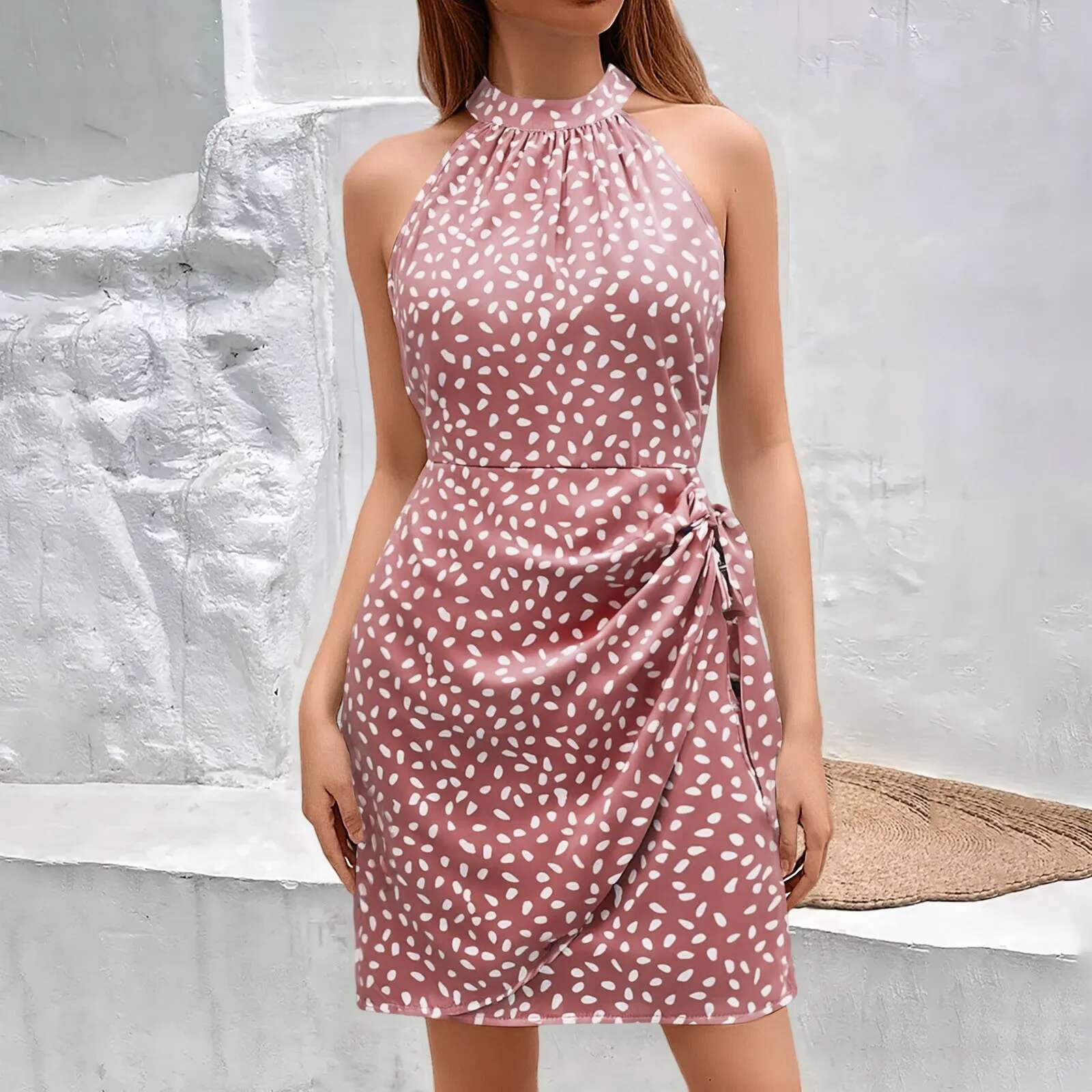 Dongdumaoyi Women S Summer Dresses Hanging Neck Sleeveless Floral Pleated Short Dress Sexy Off Shoulder Lace Up Mini Vestidos