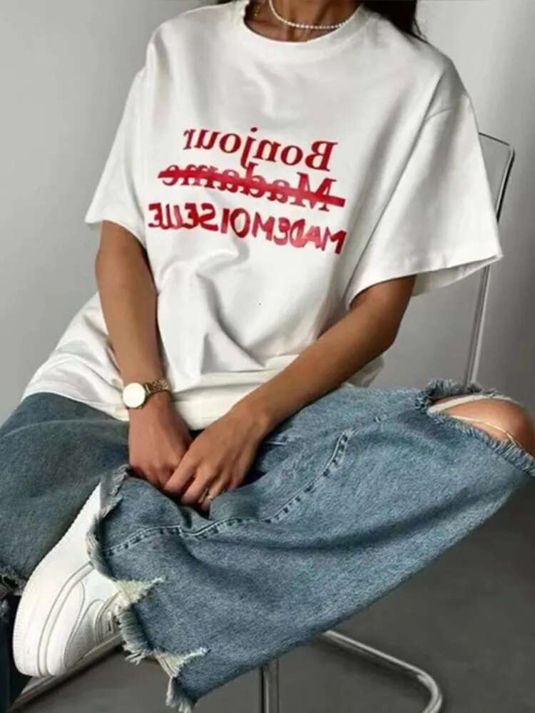 Chic Heart Letter Printed Cotton T-Shirts Women Loose O-Neck Half Sleeve Oversize Female Tee 2025 Summer Fashion Lady Outwears