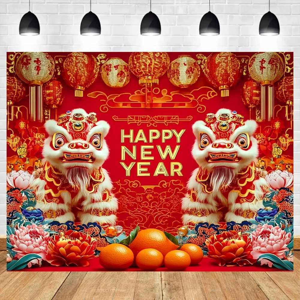 VIKAMA Chinese New Year Tapestry Double Lion Play Ball Peony Living Room Background Wall Spring Festival Party DecorationM251125