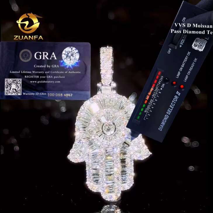 Lucky Charm Custom Baguette Diamond Moissanite Hamsa Hand Pendants Fatima Hand Iced Out Jewelry Gift for Girlfriend