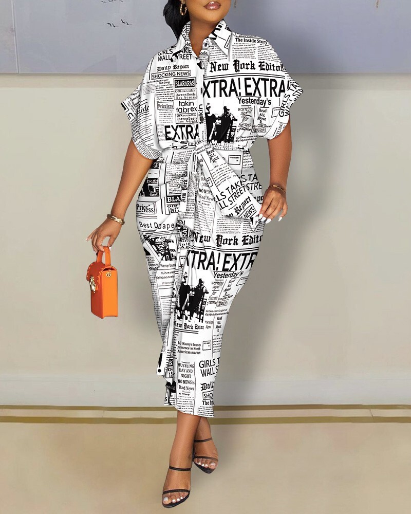 2022 Autumn Long Sleeve V-Neck Button Print Shirt Dress Women