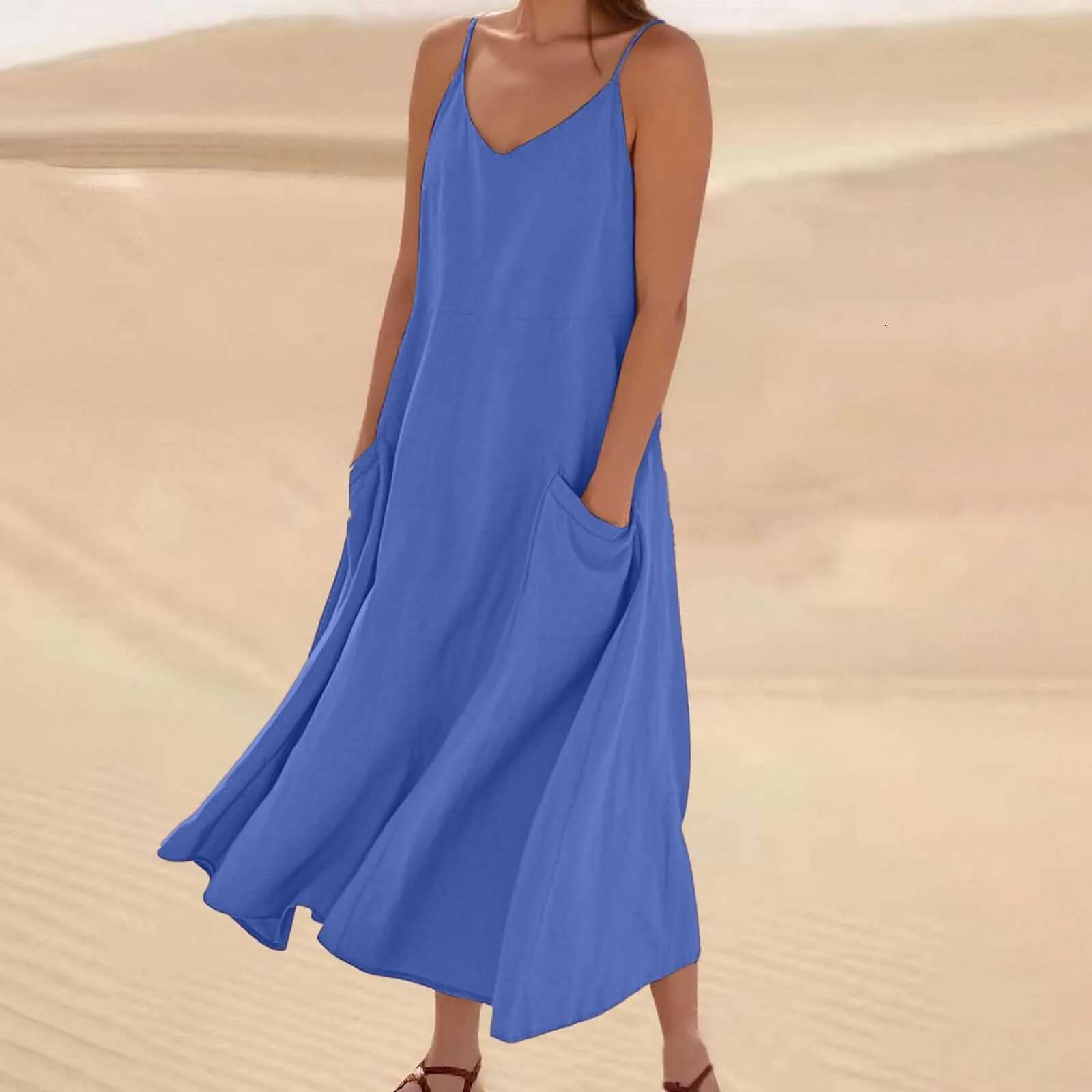 Dongdumaoyi Sleeveless Suspenders Dress Women Side Double Pocket Splicing Solid Color Dresses Summer Casual Commuter Gown