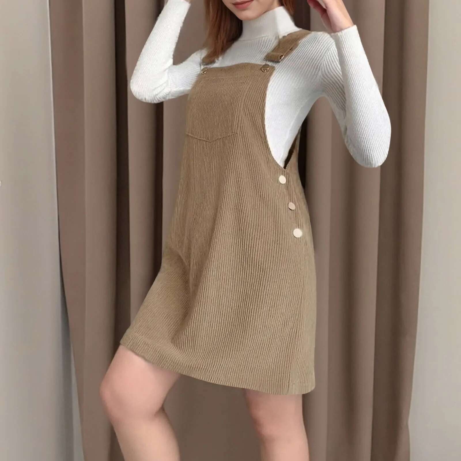 Dongdumaoyi Women S Fashion Corduroy Suspenders Dress Summer Loose Sleeveless Casual Button Pocket Design Solid Color Daily Mini