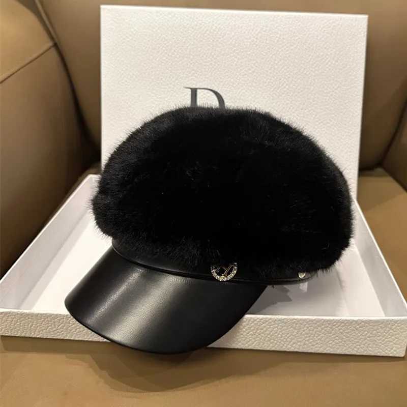 Vintage Mink Fur Beret Women Luxury Versatile Artist Hat Girls Lady Winter Warm Big Head Octagonal Cap Hard Brim Ski Caps J251125