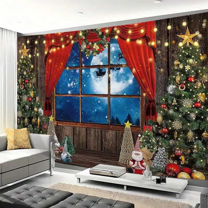 Christmas Tapestry Wall Hanging Cloth Xmas Tree Winter Window Decorative New Year Decor Snow Scene Background Cloth TapestriesM251125
