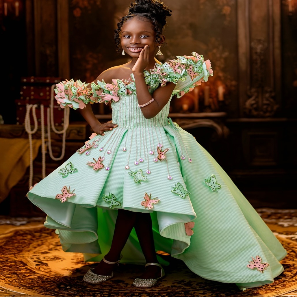 2026 Mint A-line Flower Girl Dresses Crystals Flowers Hi-Lo Satin Sheer Neck Little Girl Christmas Peageant Birthday Christening Tutu Dress Gowns ZJ42