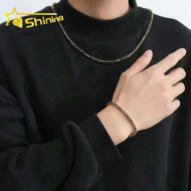 925 Sterling Silver GRA Certificated 3mm 4mm Black Moissanite Tennis Chain Pass Diamond Tester Hip Hop Tennis Necklace