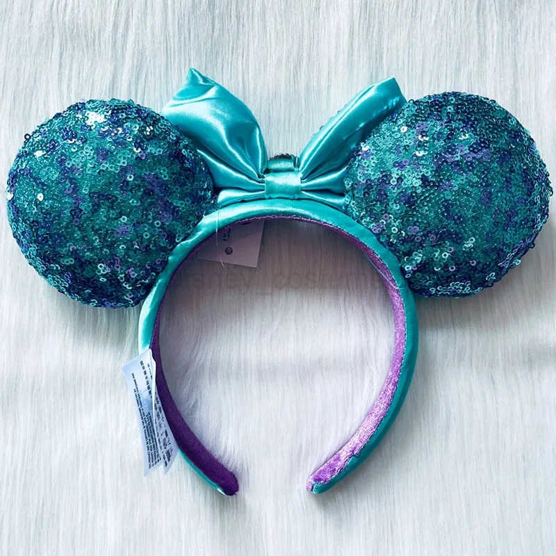 Disney Mermaid Ariel Headband Adult/Children Disneyland Mickey Emerald Green Sparkling Bow Female Minnie Ears X250425