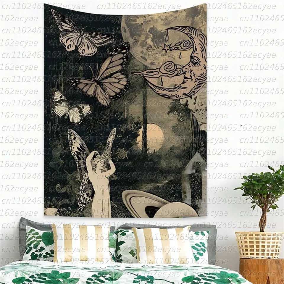 Gothic 1pcs Dark Holy Lady Butterfly and Moon Printed Polyester Tapestry for Daily Living Room Bedroom Wall DecorM251125