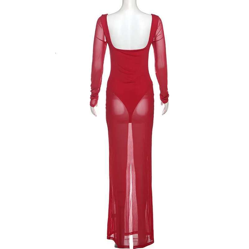Dongdumaoyi Townlike Perspective Mesh Slim Bodycon Dress Women Strapless Autumn Winter Maxi Long Nightclub Sexy Party Dresses