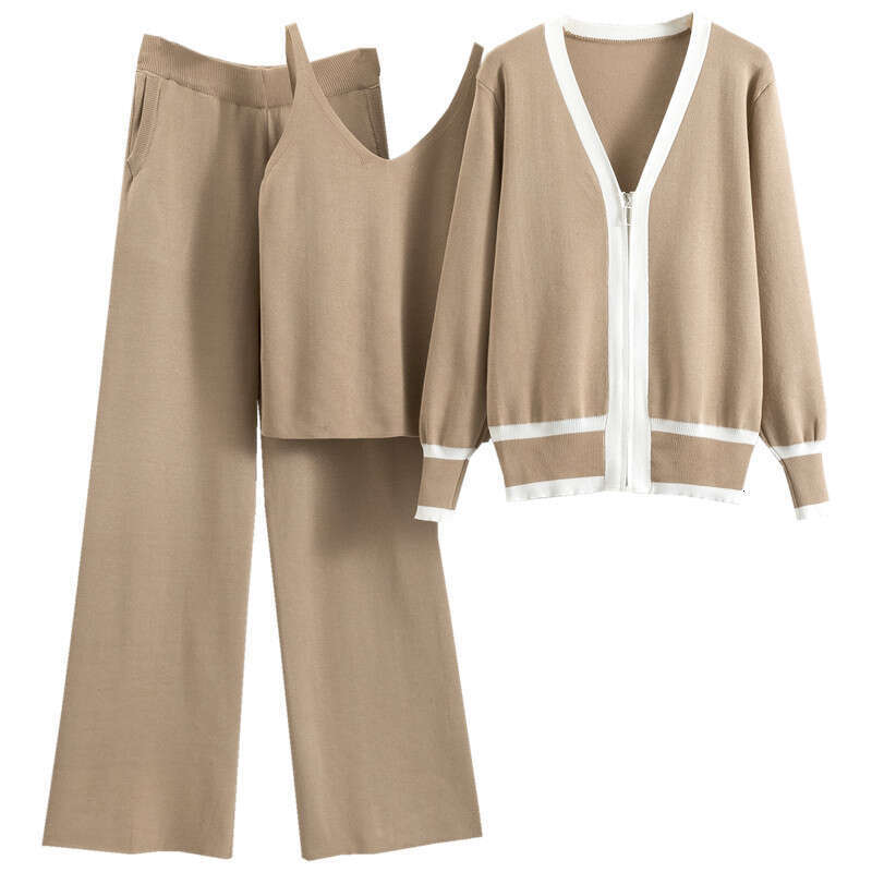 2025 Summer and Autumn New Womens Knitted Cardigan Camisole Wide Leg Pants Three Piece Set European Trend Long Fashion Ventilation New Pattern New Arr