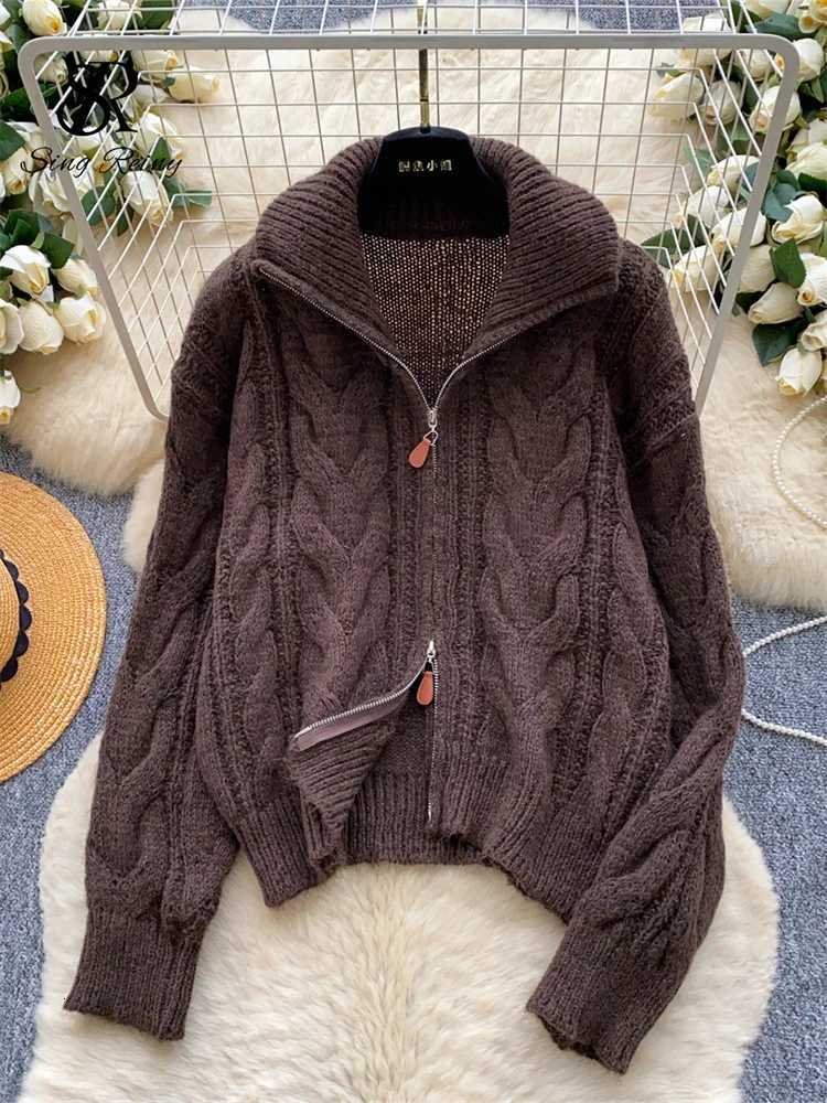 SINGREINY Women Vintage Thick Knitted Cardigan Lapel Full Sleeve Zipper Design Autumn Trend Tops Winter Twist Drill Lazy SweaterT251125