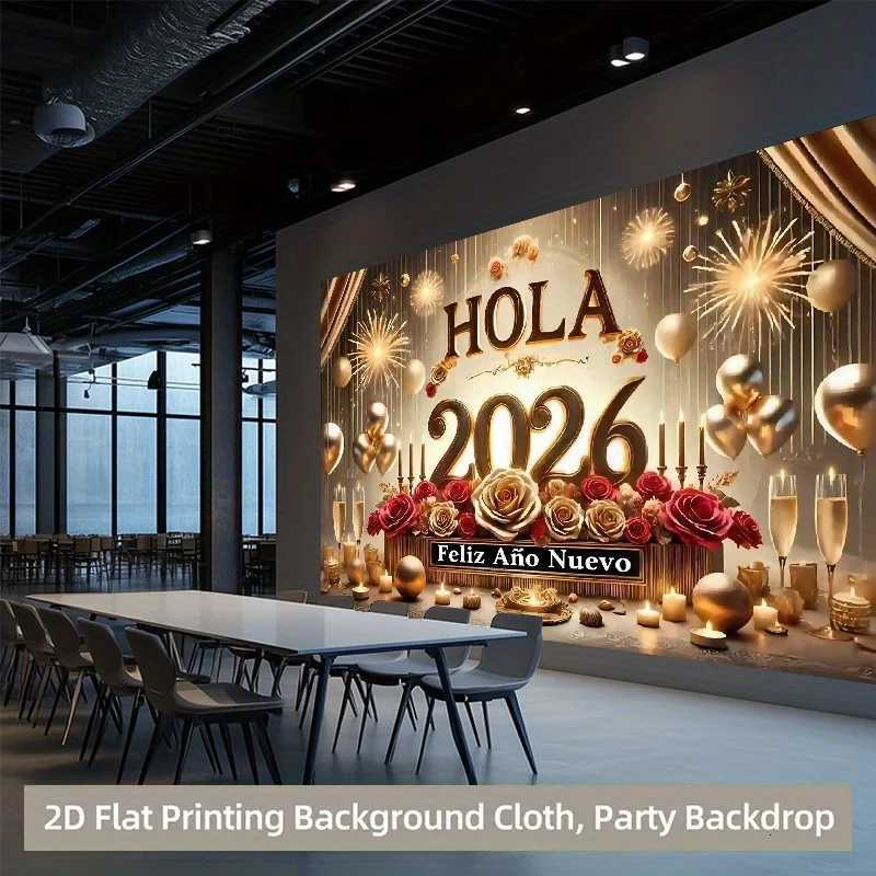 VIKAMA 2026 New Year Spanish Tapestry Golden Rose Fireworks Balloon Background Cloth New Year Party DecorationM251125