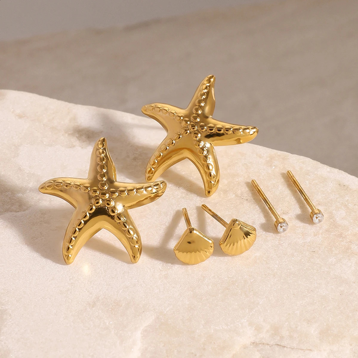 Uworld Exquisite 3-Pair Earring Set Shell Starfish Ear Studs Stackable Earrings Party Gift Womens Accessories 250424