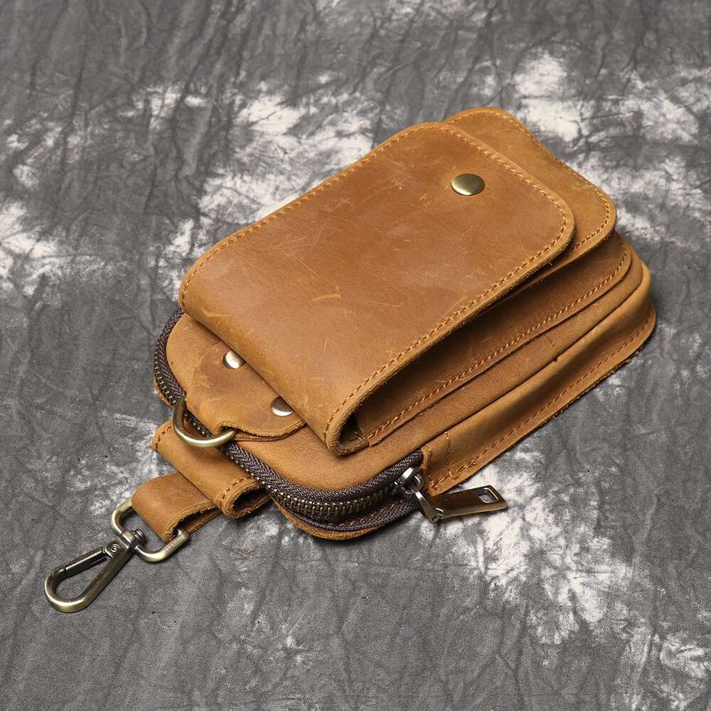 LUOKIR Retro Men's Genuine Crazy Horse Leather Strap, Mobile Phone Bag, Multifunctional Waist Hanging Bag