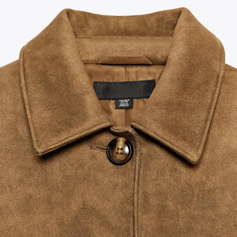 Suede Leather Short Jacket Coat Fashion Stand Collar Vintage Casual Motorcycle Jackets Baggy Front Shoulder Women Outwear Top 251124