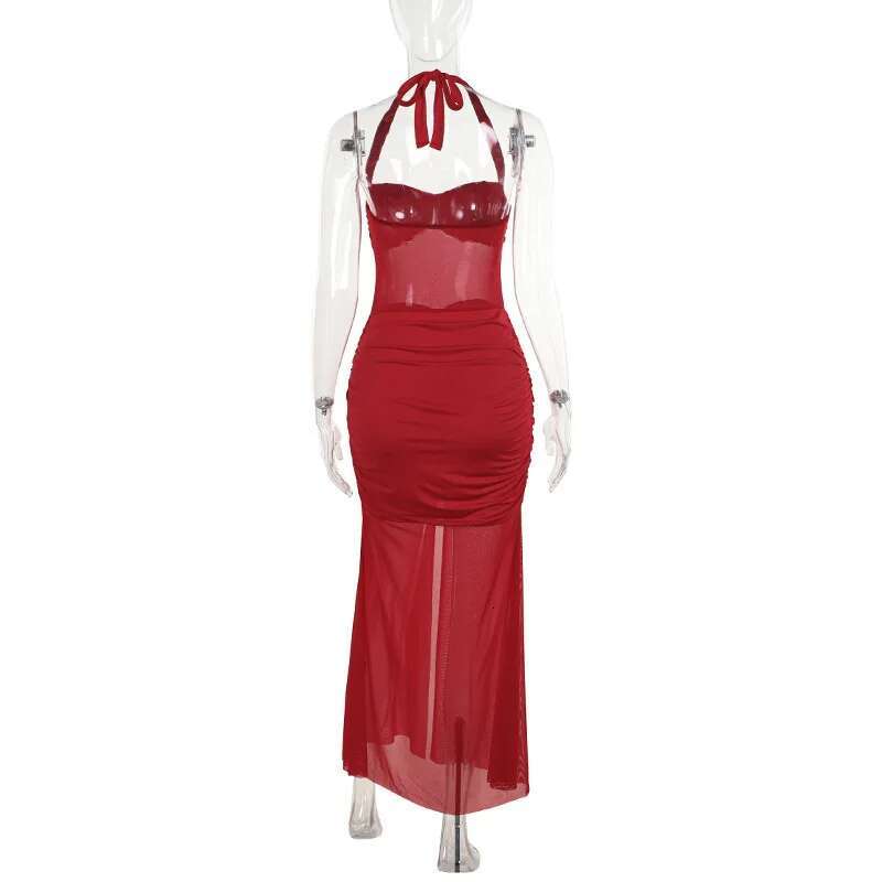 Dongdumaoyi Townlike Mesh Patchwork Pleated Slim Bodycon Dress Women Midi Long Halter Summer Backless Split Sexy Party Dresses