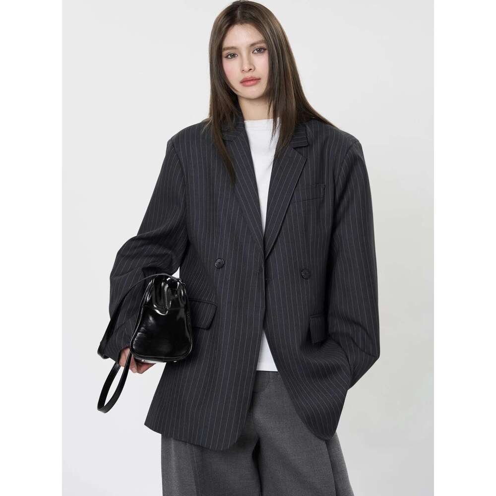 Women's Casual Striped Pocket Decoration Double Breasted Loose Jacket Blazer
