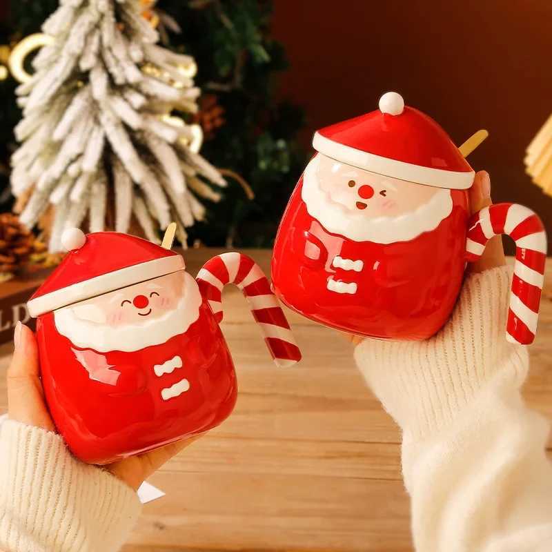 Santa Ceramic Mug Cute Christmas Hat Lid Hand Drawn Large Capacity Water Cup Breakfast Milk Coffee Cup Birthday Present Y251125