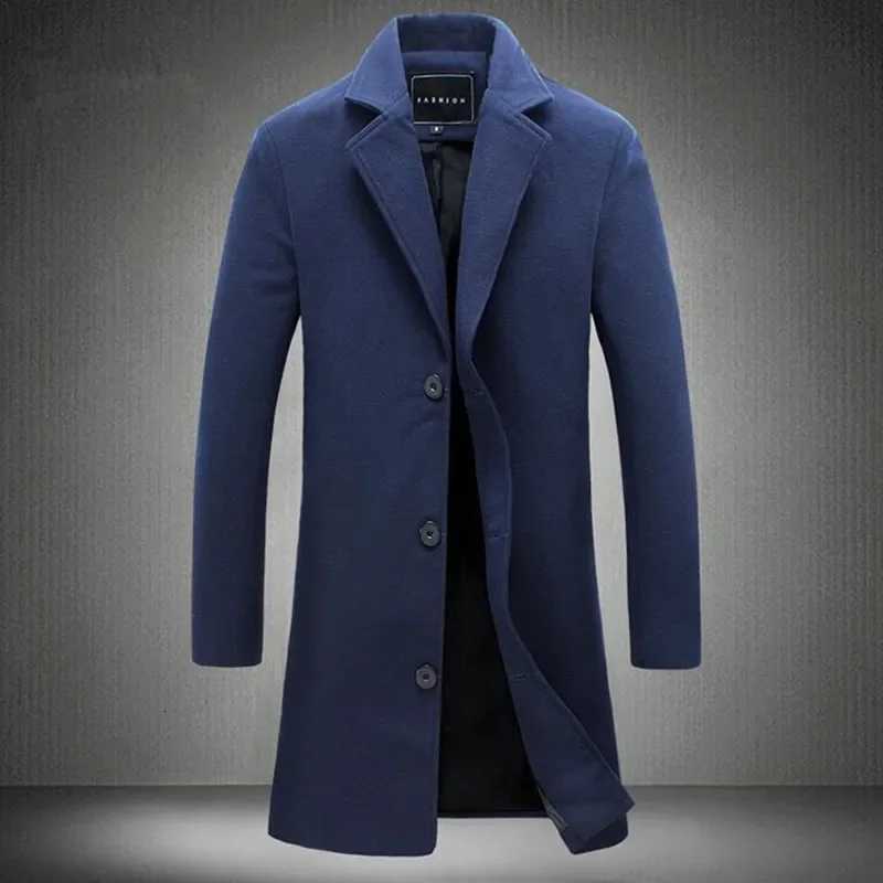 2025 Autumn Winter New Wool Men Long Cotton Coat Blend Pure Color Casual Business Fashion Slim Windbreaker Jacket Men ClothingT251125