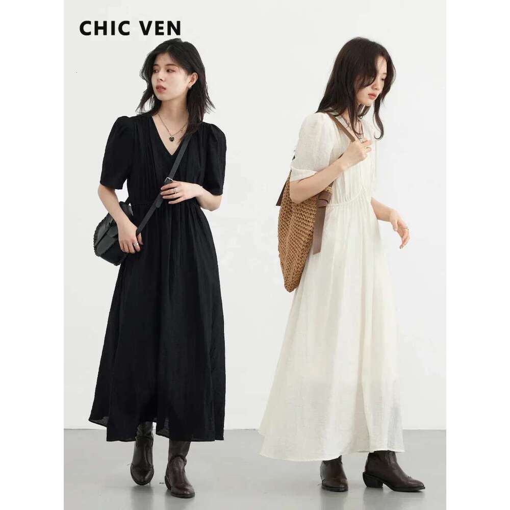 CHIC VEN Women Dresses French Style Vintage V-Neck Puff Sleeve Long Dress Solid Black Loose Female Clothing Summer New 2023