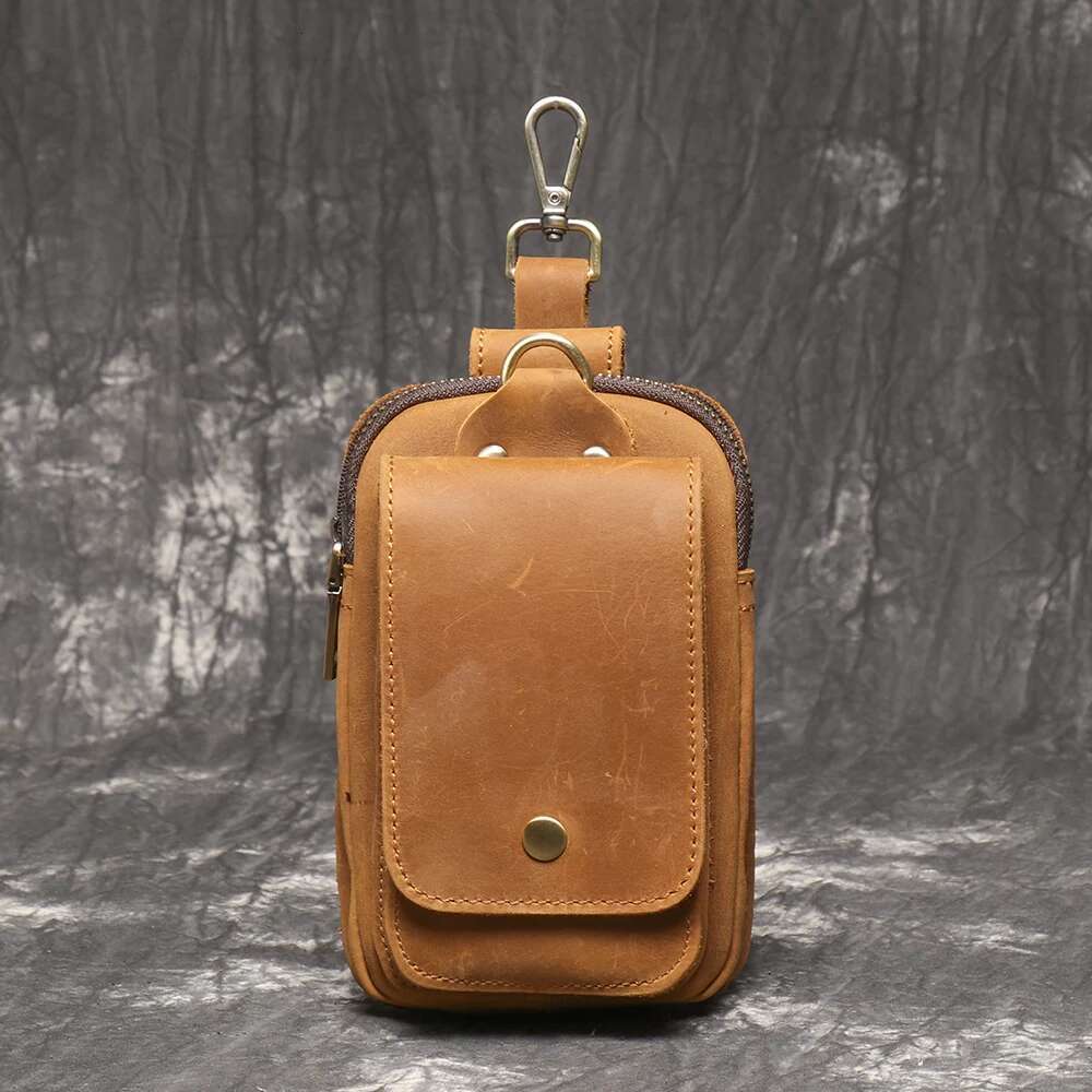 LUOKIR Retro Men's Genuine Crazy Horse Leather Strap, Mobile Phone Bag, Multifunctional Waist Hanging Bag