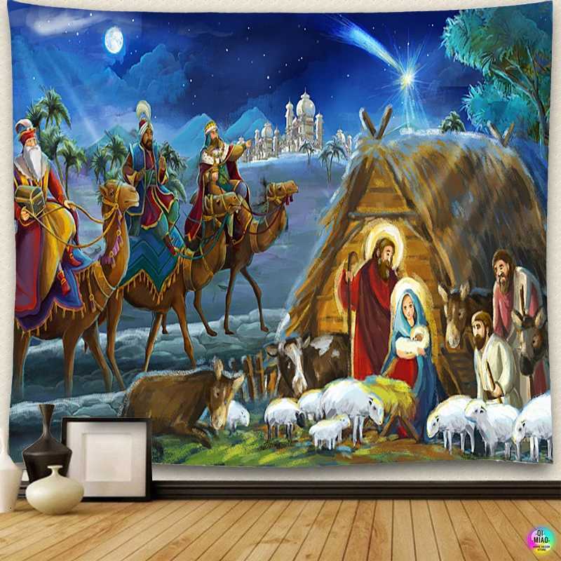 Nativity Scene Tapestry Jesus Birth Manger Barn Wall Hanging Angel Easter Christmas Wall Decor Christ Tapestries Room DecorationM251125