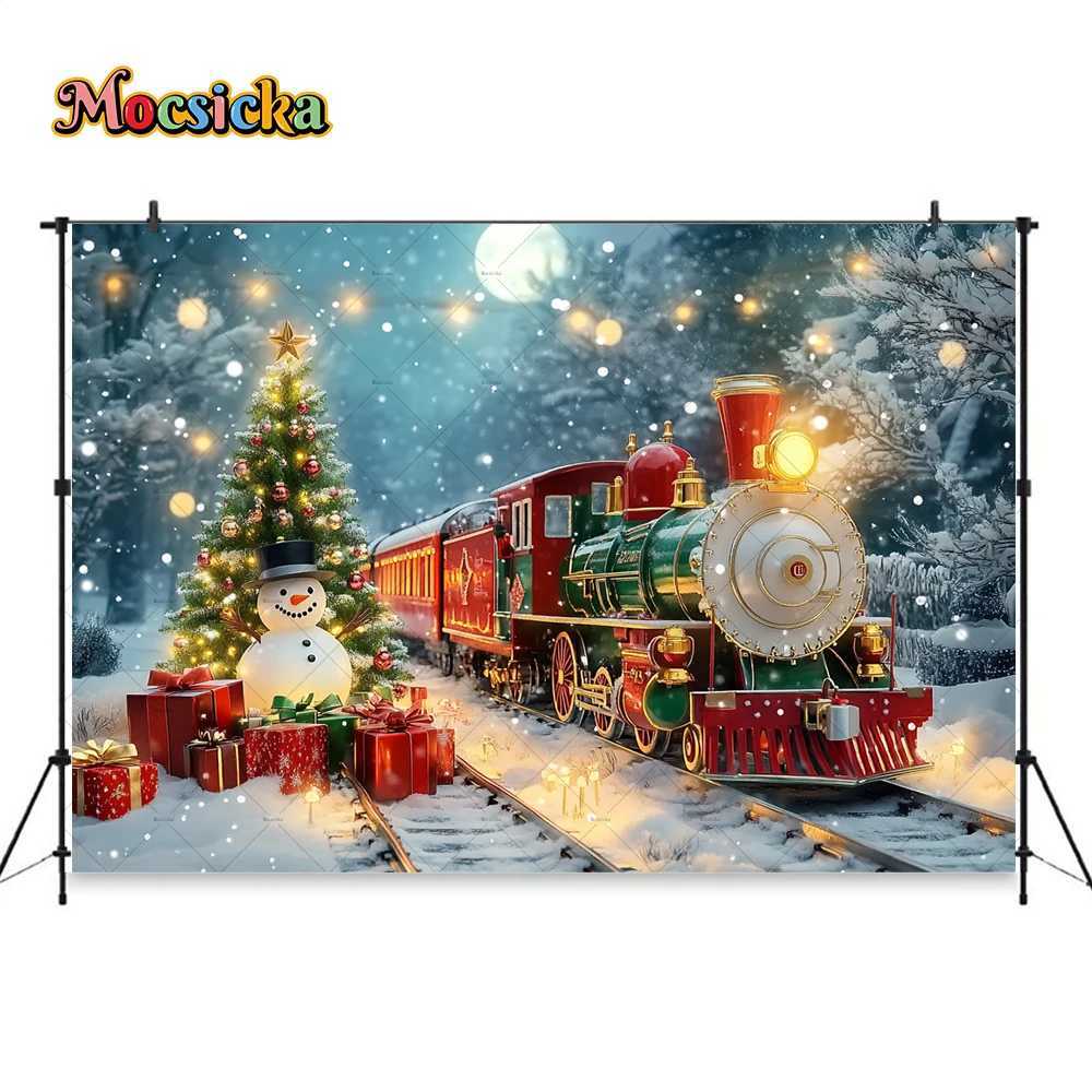 Christmas Colorful Train Background Photography New Years Eve Snowman Xmas Tree Gift Backdrop Booth Kids Winter Birthday PhotoM251125