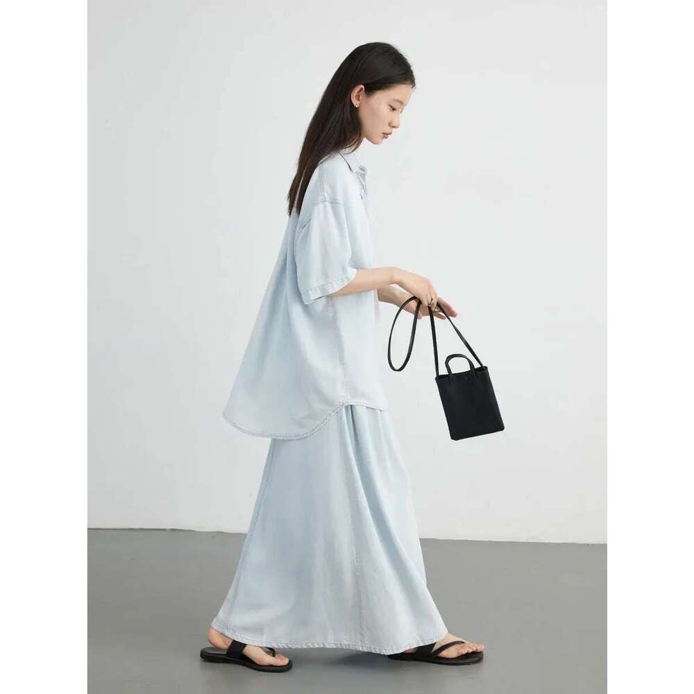 CHIC VEN Women Shirts Loose Blue Casual New Fashion Denim Shirt Elastic Waist Shorts A-Line Skirt Set Summer 2024