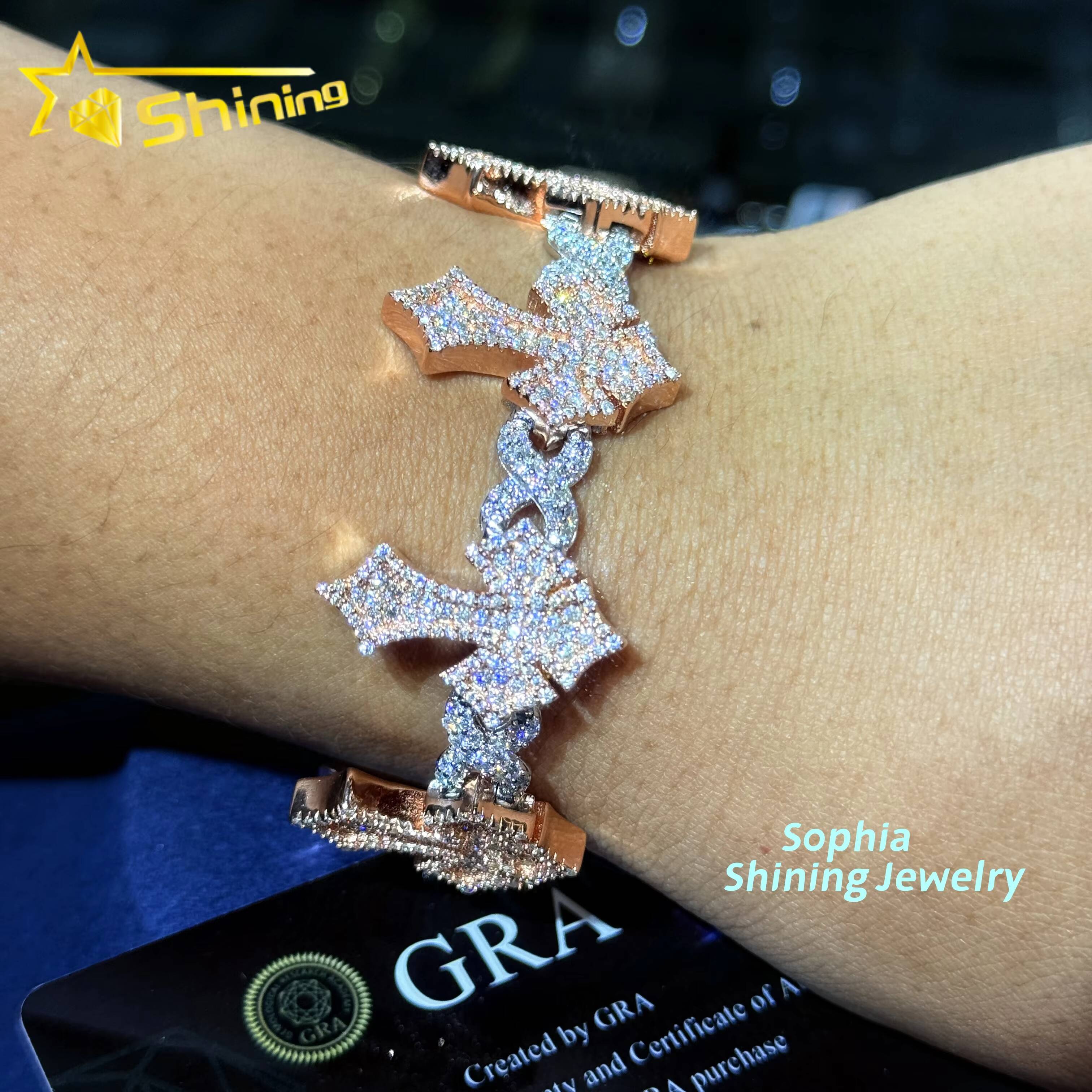 New Fashion Jewelry Silver 925 Hip Hop Iced Out Men Bracelet VVS Moissanite Lab Diamond Jewelry Cross Cuban Link Chain Bracelet