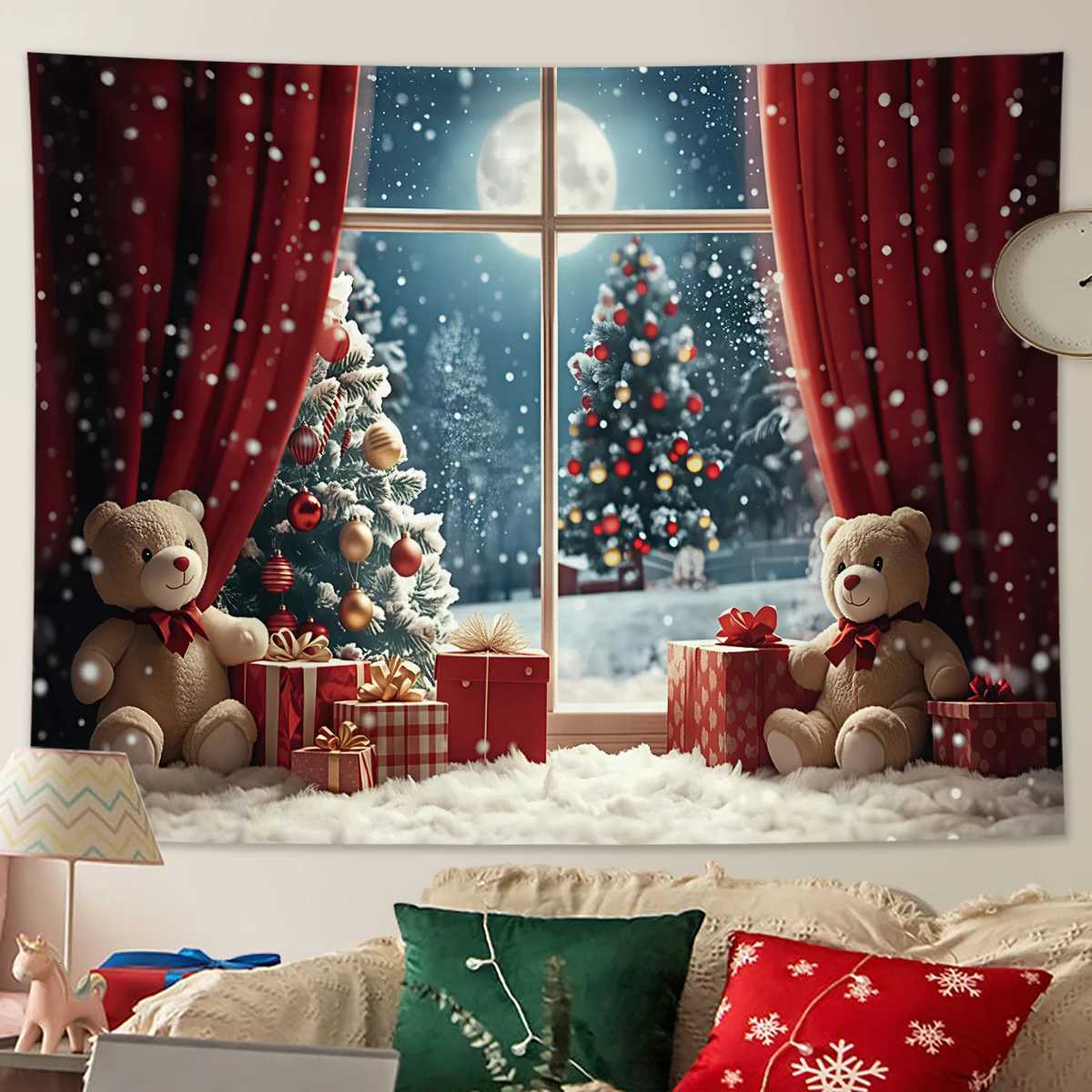 1pc Christmas red curtain teddy bear gift pattern tapestry New Year photography background tapestry aesthetic wall hangingM251125