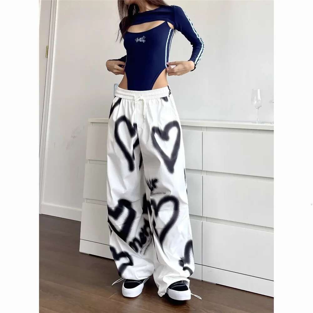 Love Graffiti Wide Leg Pants Women Y2k Elastic High Waist Streetwear Loose Drawstring Jogging Trousers Korean Casual Sweatpants
