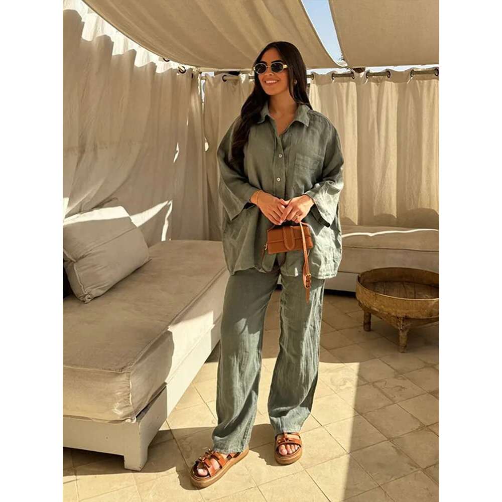 Vintage Solid Trousers Suit Women Single Breasted Long Sleeve Shirt Wide Leg Pants Set Female Summer New Lady Streetwear