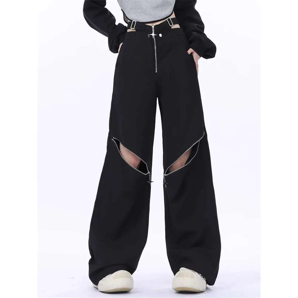 Y2k Summer Black Cargo Pants Women Original Retro Multi Zip Pocket Two Wear Design Drawstring Casual Oversized Trousers