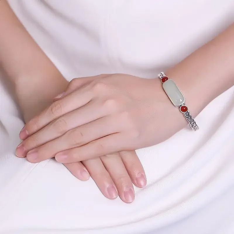 Natural an Jade Southern Red Tourmaline retro creative bracelet for women open bangles Original silver jewelry 250424