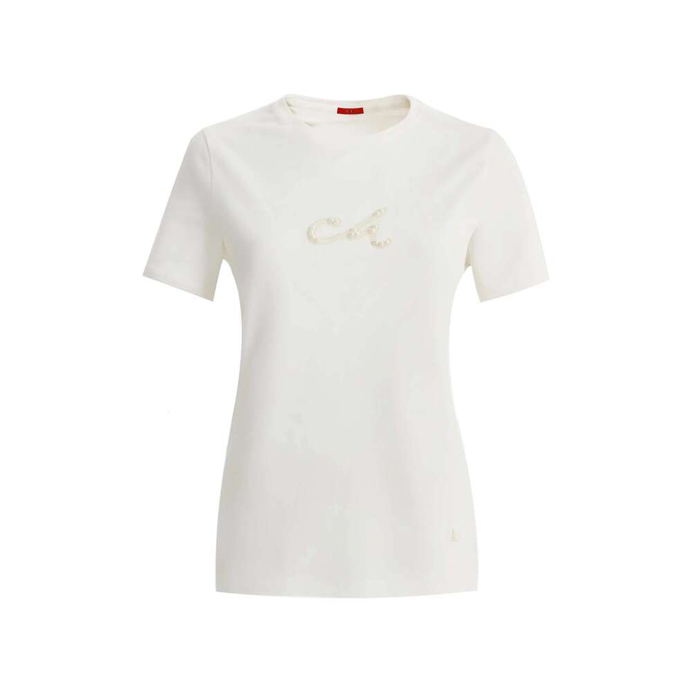 CHCH 2025 Women's Summer New Fashion Commute Cotton Round Neck Beaded Chic Solid Color Loose Short Sleeve Casual T-Shirts Tops