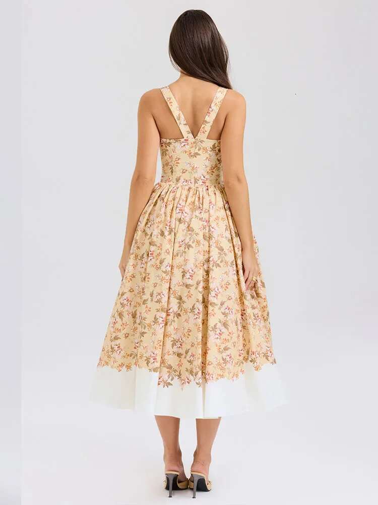 Dongdumaoyi Townlike Print Waist Wrap A Line Midi Long Dress Women Spaghetti Strap Spring Summer Nightclub Sexy Party Dresses