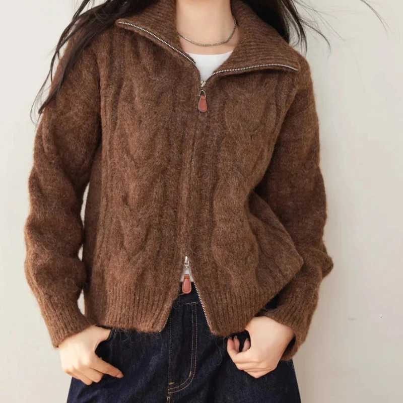 NEW Chic Autumn Winter Womens Long Sleeve Sweater Knit Cardigan with Double Zipper Design Retro Casual Fashion Warm OuterwearT251125