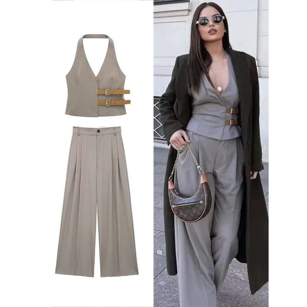 ZABA Women's Fashion With Belt Hanging Neck Halter V-Neck Top + Casual High-Waisted Pleated Suit Pants Two-Piece Set