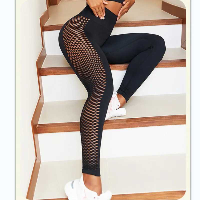 Yoga Sxy seamless super elastic fish net inserted into sports legs solid color outdoor fitness pantsC250425