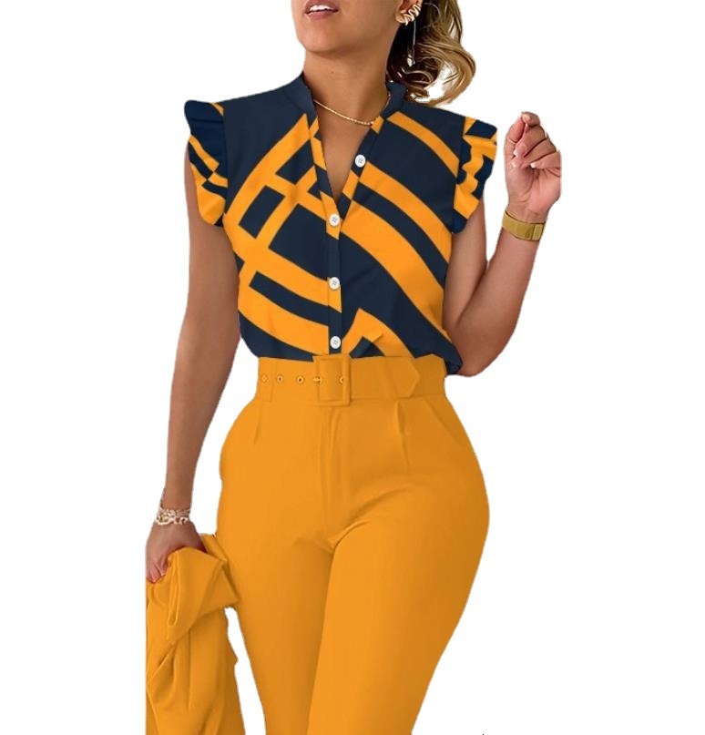2023 Summer V-neck Button Petal Sleeve Printed Shirt Female